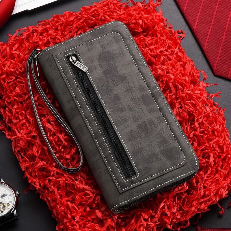 Men'S Long Wallet Vintage Zipper Coin Purses Credit Card Holder Business Clutch Bag Phone Money Purses Porable PU Leather Wallet