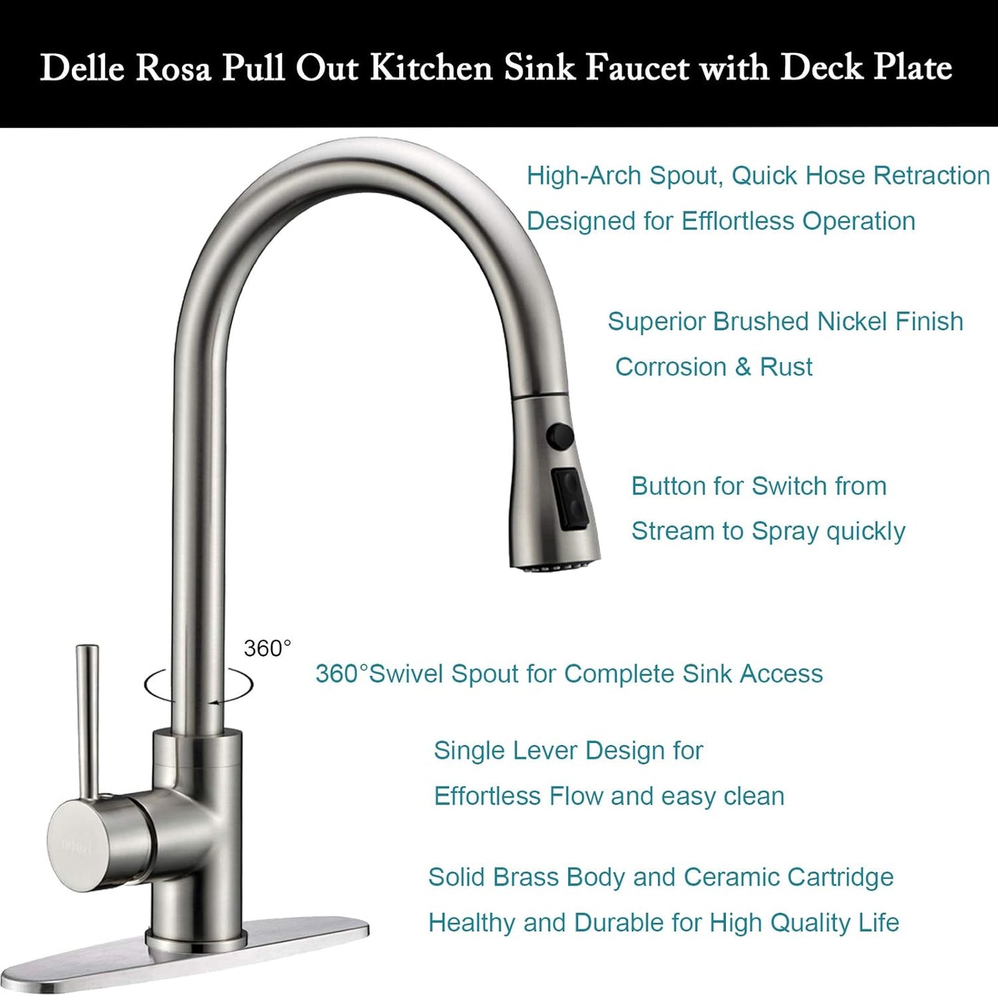 Kitchen Faucet, Brushed Nickel, Single Handle, Pull-Down, 3-Way Spray Setting, Easy Installation, Lead-Free