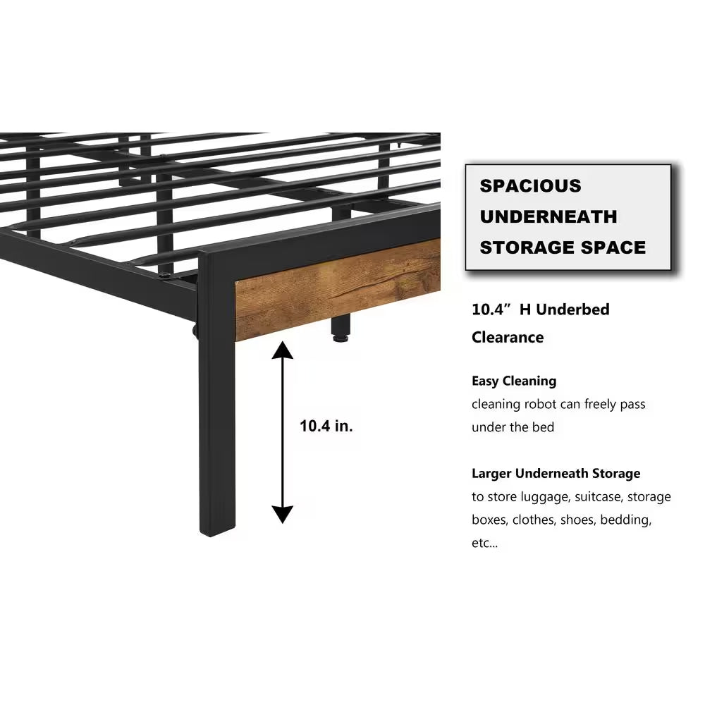 Modern Industrial Black Metal Frame Queen Platform Bed with Wooden Storage Headboard, Charging Station, Underbed Storage