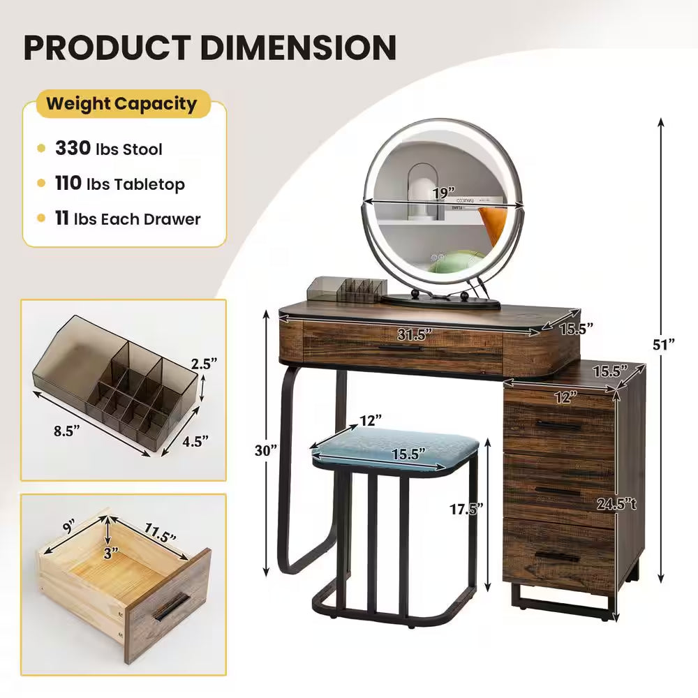 Brown 4 Drawer 31.5 In. Vanity Table Set with 3-Color Lighted Mirror and Charging Station Chest of Drawers