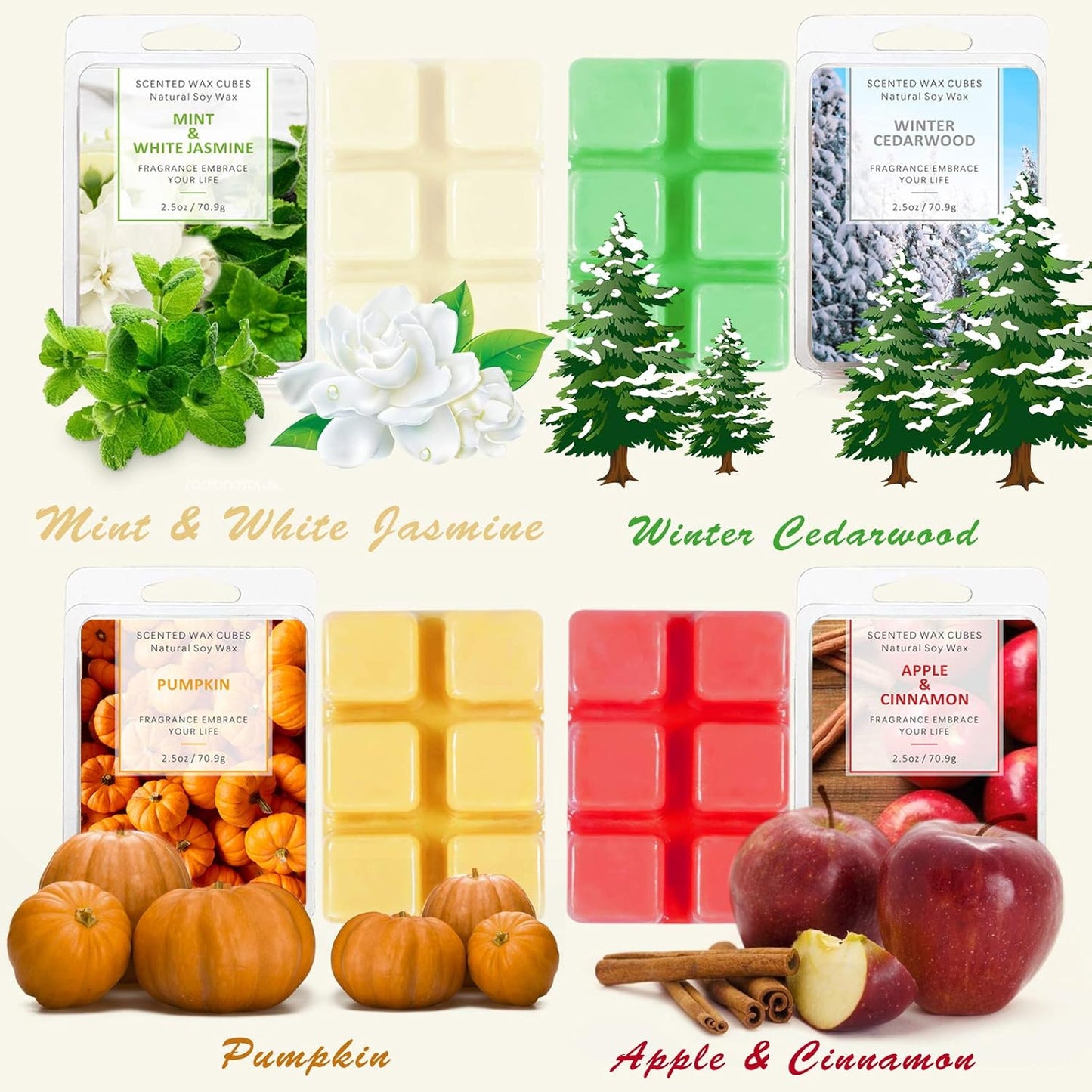Wax Melts Wax Cubes, Scented Wax Melts for Warmer, Blush Peony, Mediterranean Fig, Black Pomegranate, Coconut Vanilla, Mint & White Jasmine, Winter Cedarwood, Pumpkin and Apple& Cinnamon(8X2.5Oz)