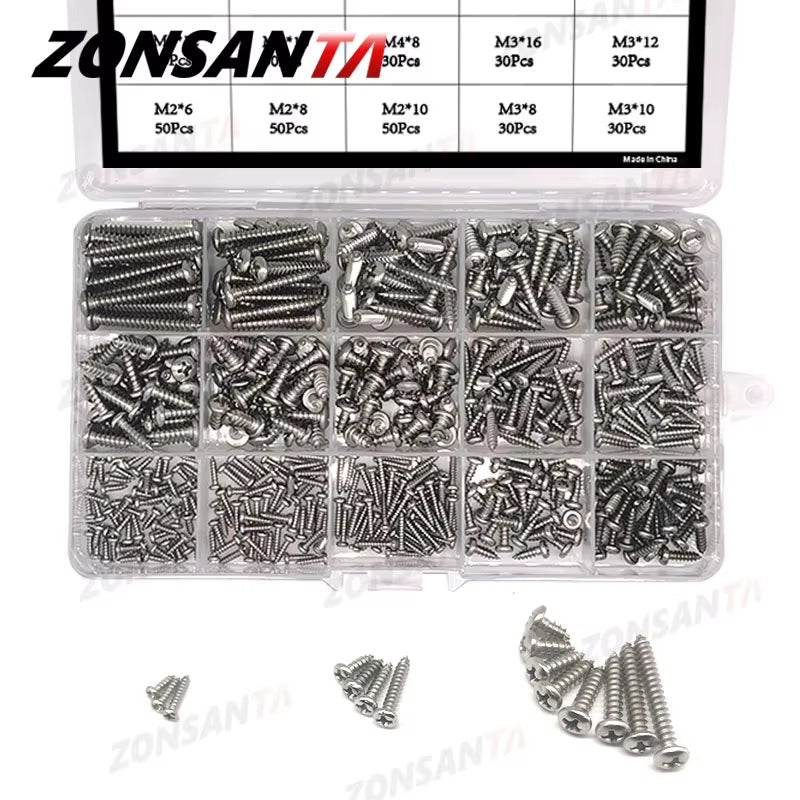 460Pcs M2 M3 M4 Phillips round Head Self Tapping Screw Set Stainless Steel Pan Head Wood Screws Assortment Kit