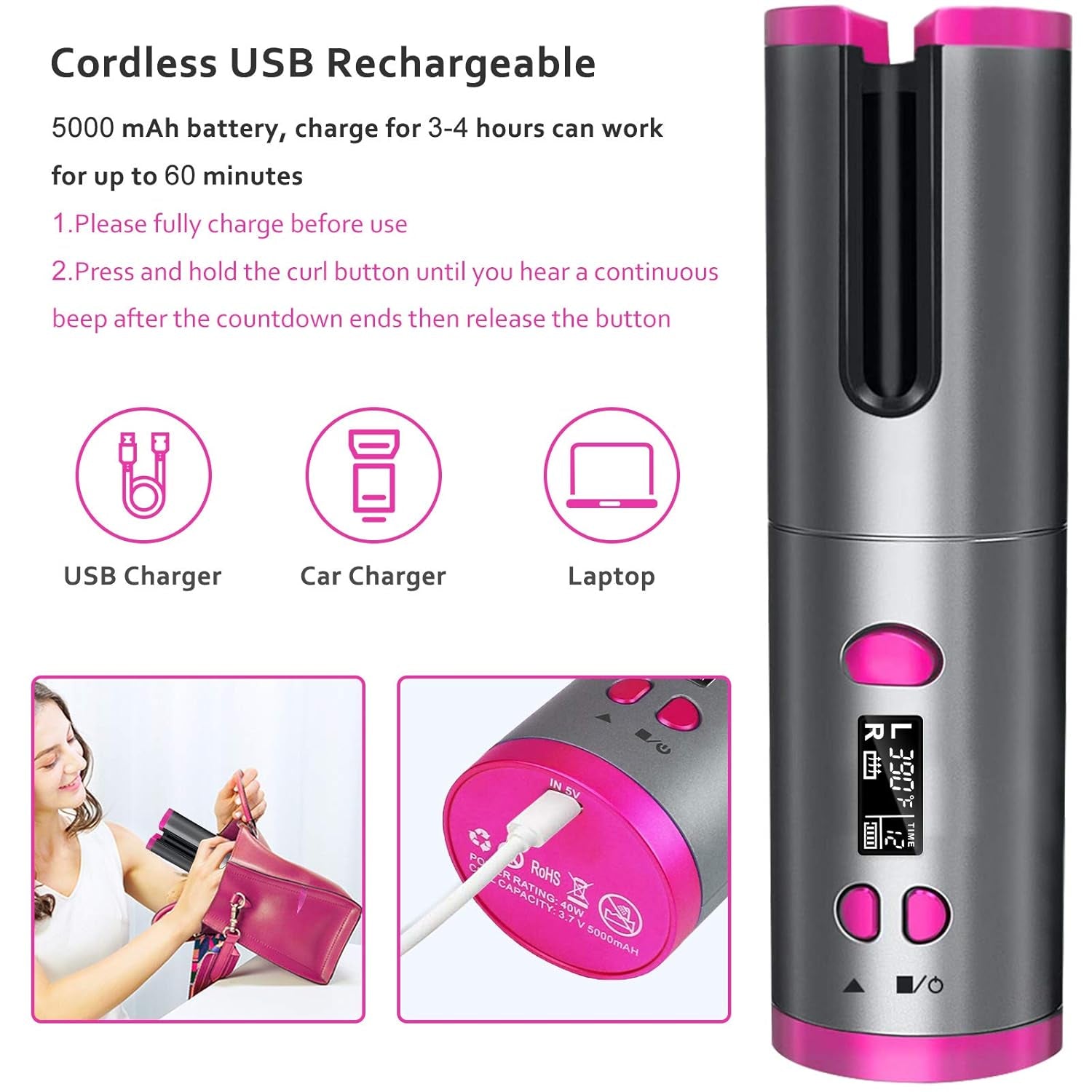 Unbound Cordless Automatic Hair Curler, Anti-Tangle Wireless Auto Curling Iron Wand, Portable USB Rechargeable Spin Curler Ceramic Barrel Rotating for Long Hair,Heats up Quick