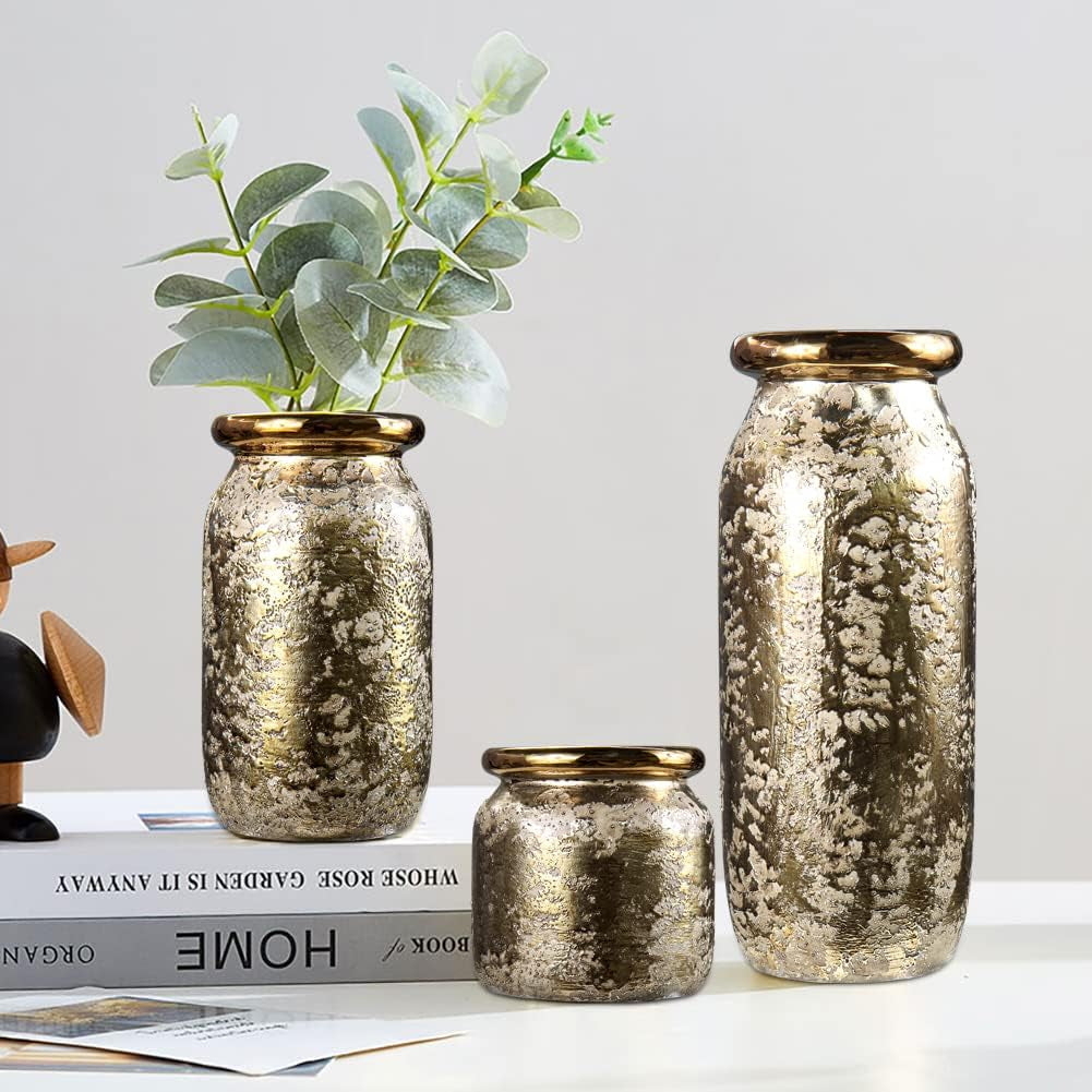 Ceramic Vase for Home Decor Decorative Gold Flower Vase for Centerpieces Tall Pottery Floral Vase for Living Room Flower Arrangements Wedding Table (Brass, 5 Inches)