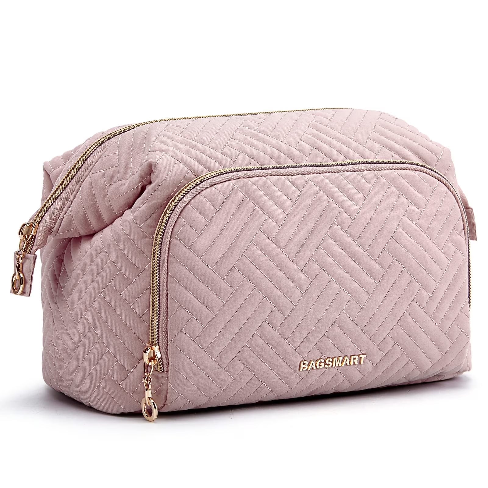 Large Capacity Makeup Bag Cosmetic Pouch, Wide-Open Travel Toiletry Bag Organizer Case for Lipsticks Electonic Accessories, Waterproof Portable, Multifunction, Pink