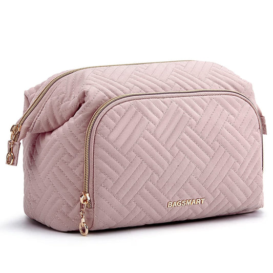 Large Capacity Makeup Bag Cosmetic Pouch, Wide-Open Travel Toiletry Bag Organizer Case for Lipsticks Electonic Accessories, Waterproof Portable, Multifunction, Pink