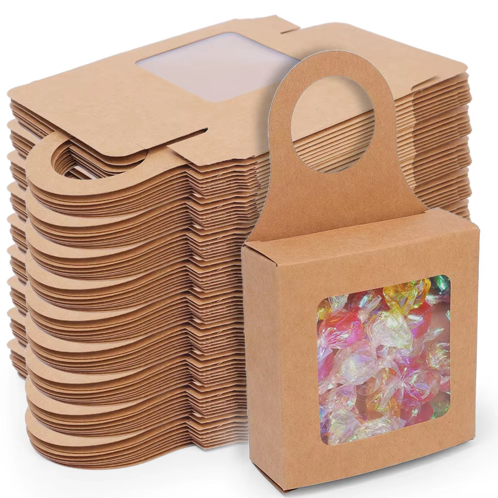 20/10PCS Kraft Paper Wine Bottle Box with Hook Foldable Design Candy Packaging Box Hangable Paper Box Weddings Party Decoration