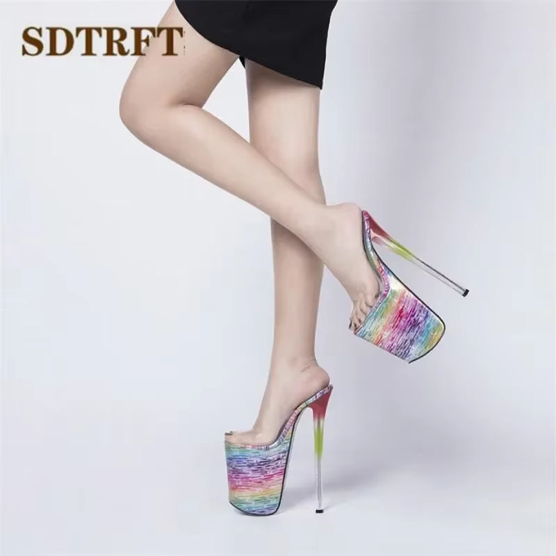 Shoes Woman Shallow Mouth Slipper Peep Toe 22Cm Thin Heels Wedding Pumps Sapato Feminino Transparent Stilettos US14 15 16