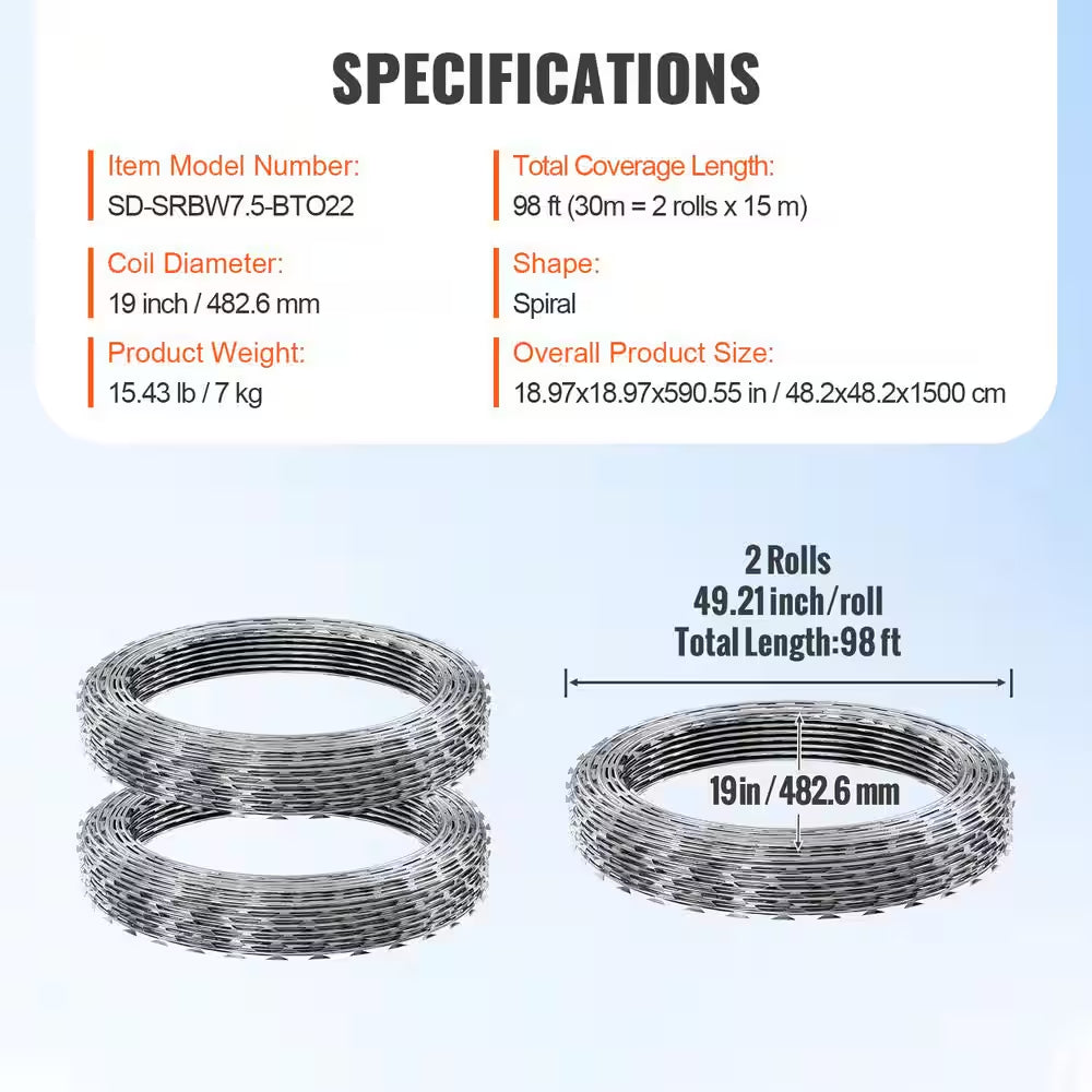 Razor Wires, 98 Ft. Razor Barbed Wire, 2 Rolls Razor Wire Fencing Razor Fence, Razor Ribbon Barbed Wire Galvanized Razor