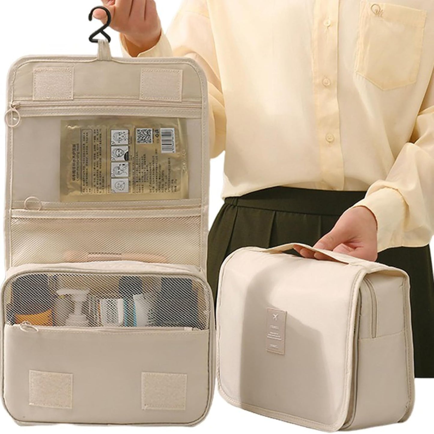 FQUAN Travel Toiletry Bag Water-Resistant Makeup Cosmetic Bag with Hanging Hook Travel Organizer, Beige