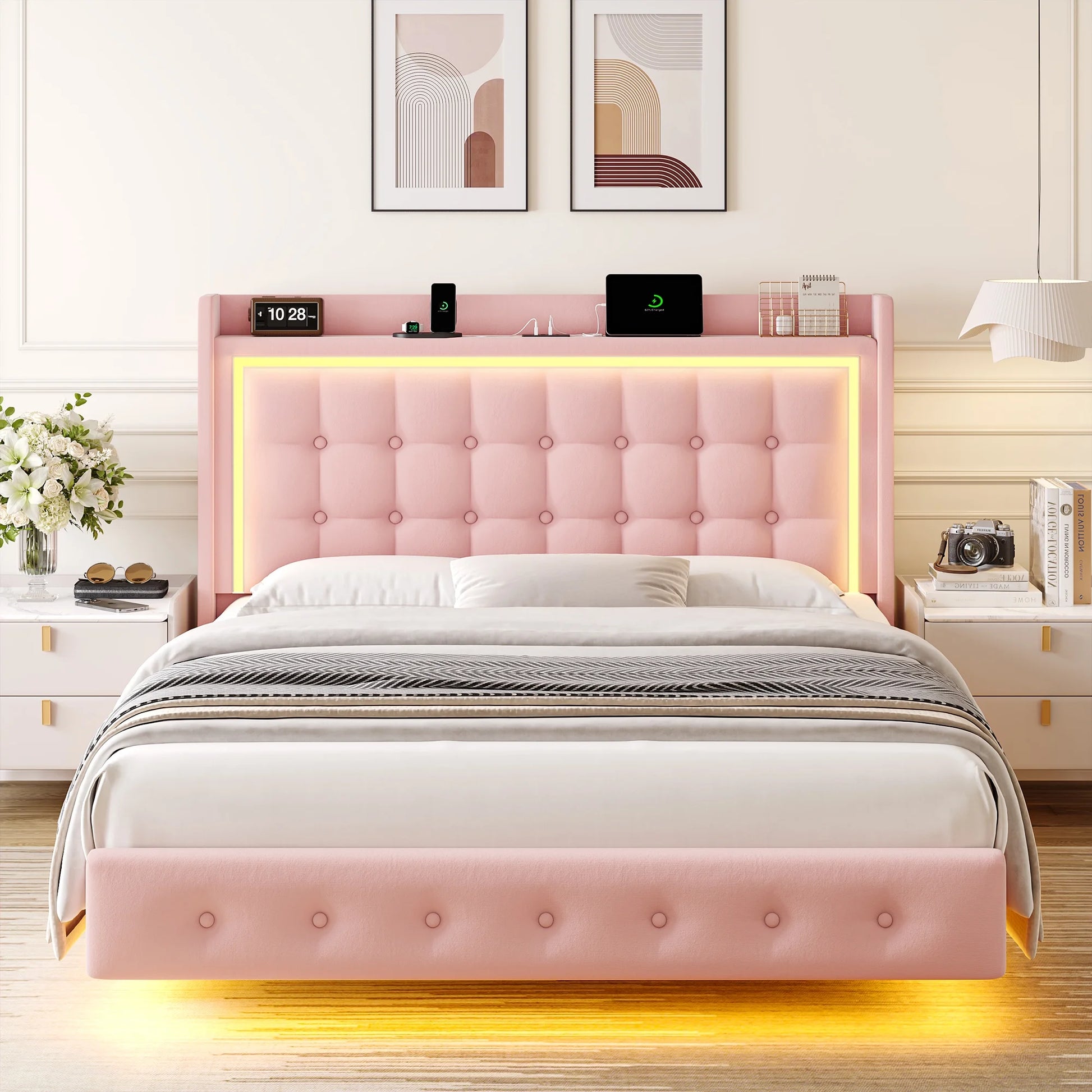 Full Size Floating Bed with RGB LED Lights Charging Station, Velvet Upholstered Platform Bed with Storage Headboard, Pink