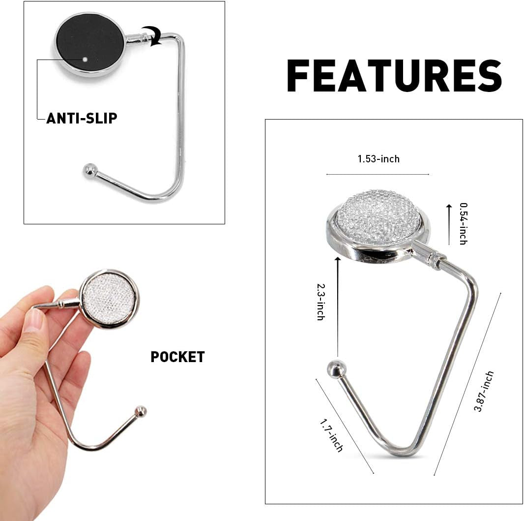 Purse Hook Mental Clutch Holder Handbag Bling Rhinestone Hanger for Table Desk 3 Packs Black White Red