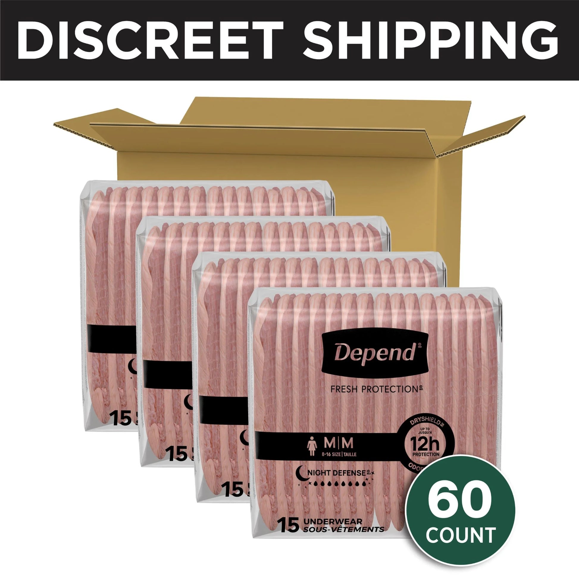 Night Defense Incontinence Underwear for Women, Adult Diapers, M, 60 Count