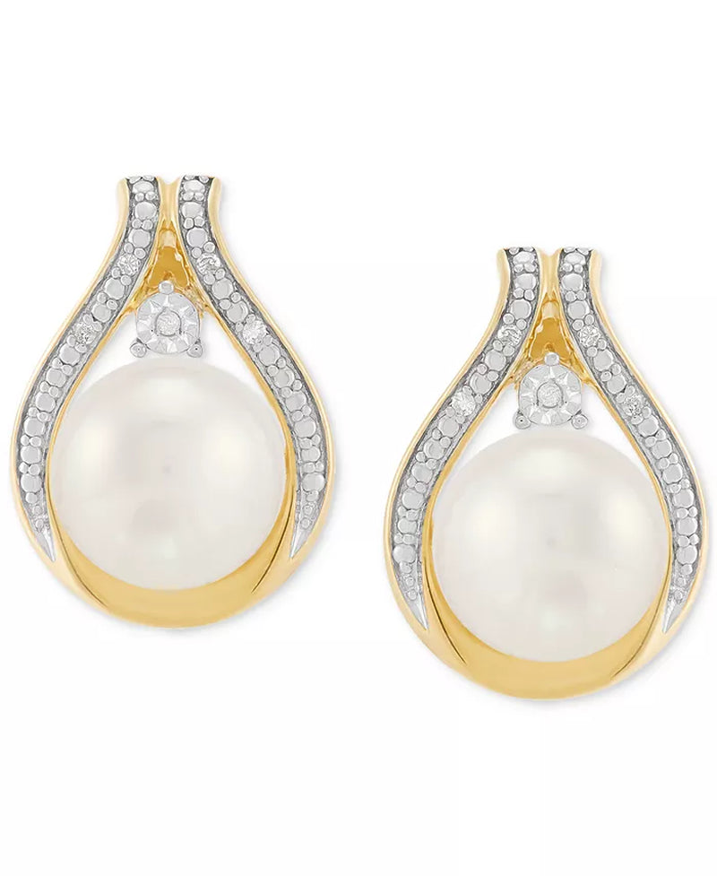 2-Pc. Set Cultured Freshwater Pearl (8 & 9Mm) & Diamond Accent Halo Pendant Necklace & Matching Stud Earrings in 14K Gold-Plated Sterling Silver