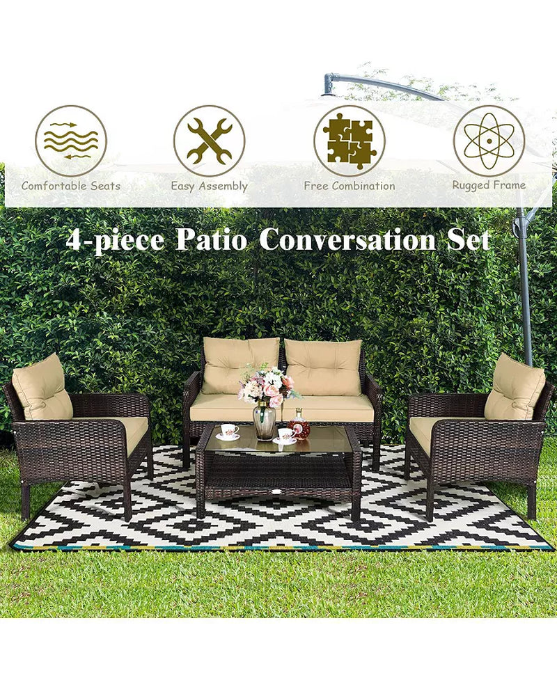 4PCS Patio Rattan Furniture Set Loveseat Sofa Coffee Table Garden