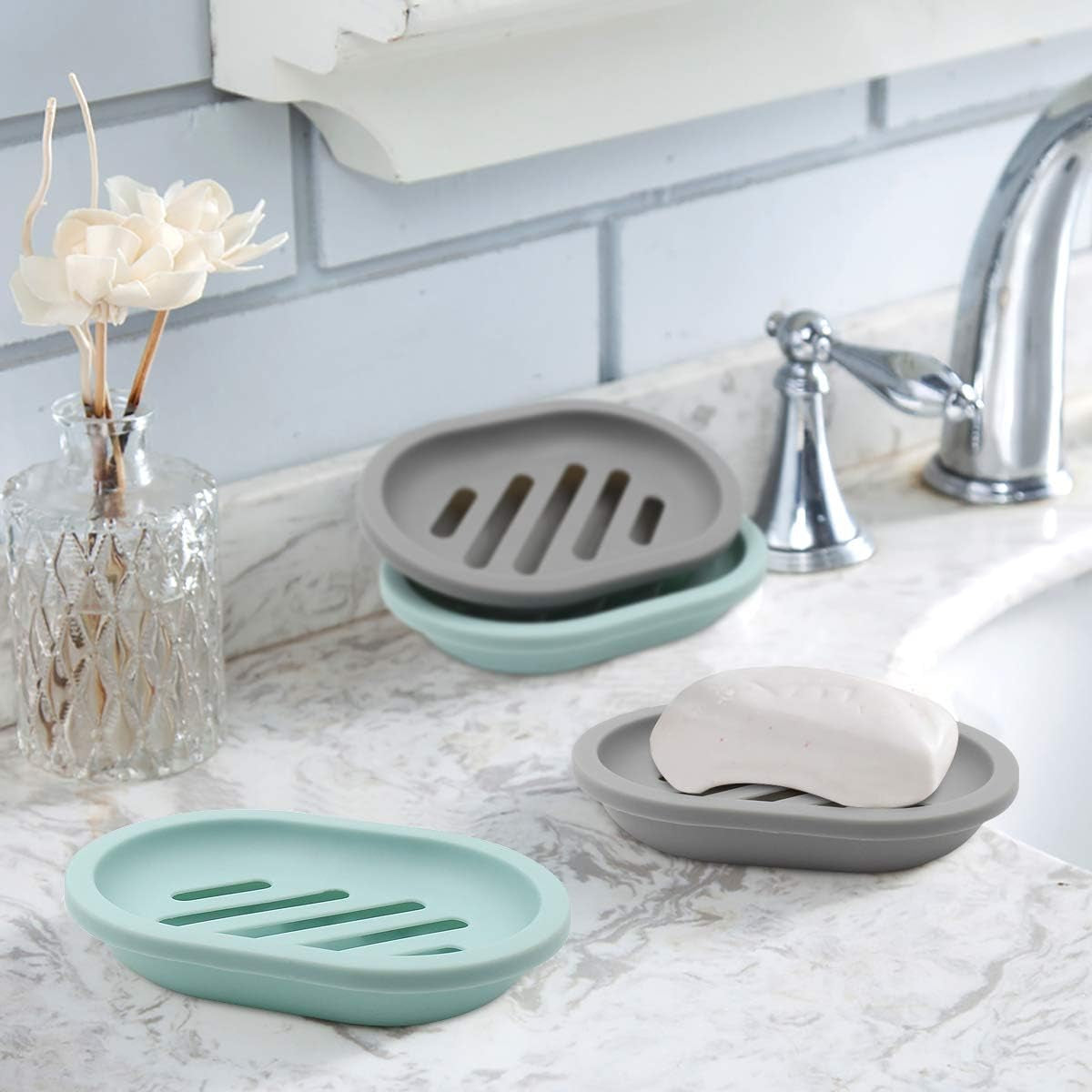 2-Pack Soap Dish with Drain, Soap Holder & Saver, Easy Cleaning, Dry, Stop Mushy Soap (Gray)