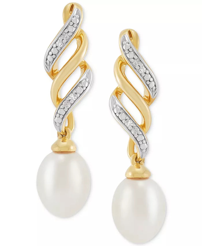 2-Pc. Set Cultured Freshwater Pearl (6 & 7Mm) & Diamond Accent Swirl Pendant Necklace & Matching Drop Earrings in 14K Gold-Plated Sterling Silver