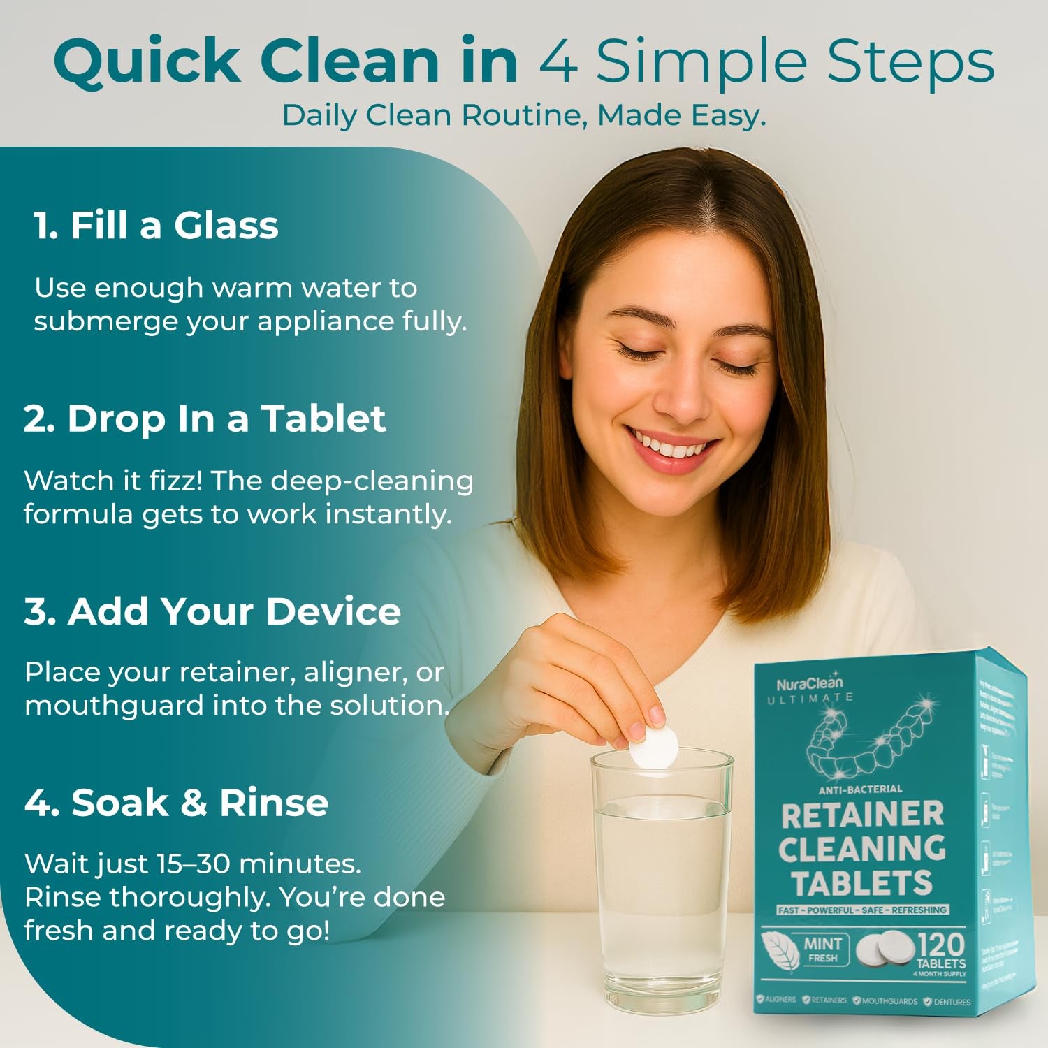 Ultimate Retainer Cleaner Tablets – 120 Count – Dental Pod, Braces, Mouthguard & Denture Cleaning – Fast-Acting, Daily Safe Formula – Freshens & Removes Stains