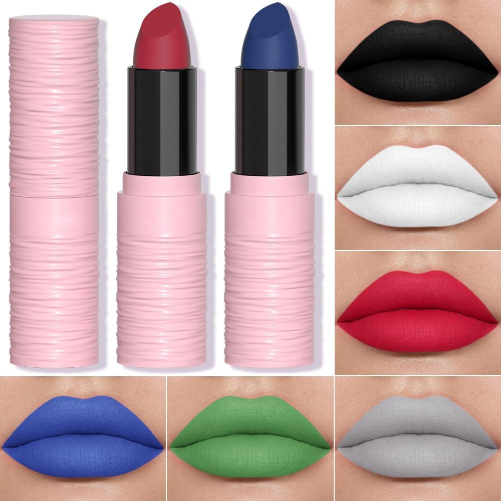 Matte Lipstick Festival White Lip Tint Gloss Face Painting Stick Silky High Pigment Smooth Velvet Waterproof White Black Green Blue Lip Gloss Halloween Daily Stain Lip Make up Cosmetics (LC02)