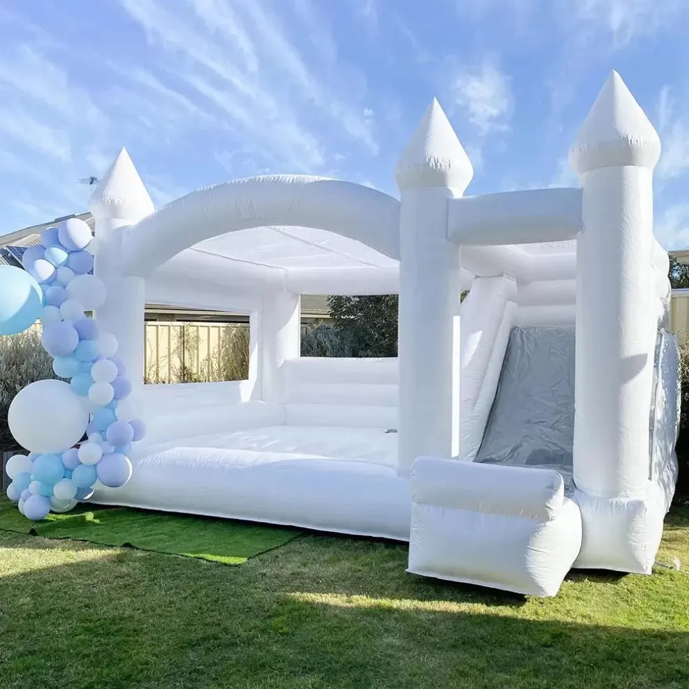 Wholesale Commercial White Wedding Bounce House with Turret Top Inflatable Bouncy Castle Slide Combo Jumping Bouncer for Kids and Adults
