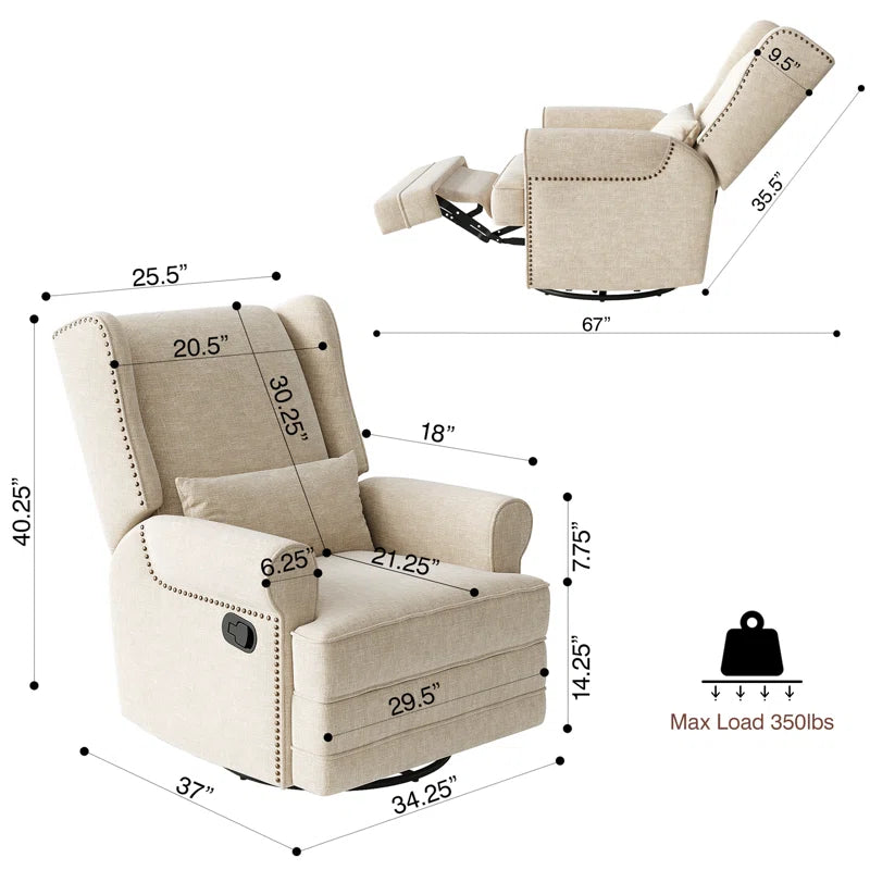 34" Wide Swivel Rocking Nursery Recliner Comfortable Upholstered Glider