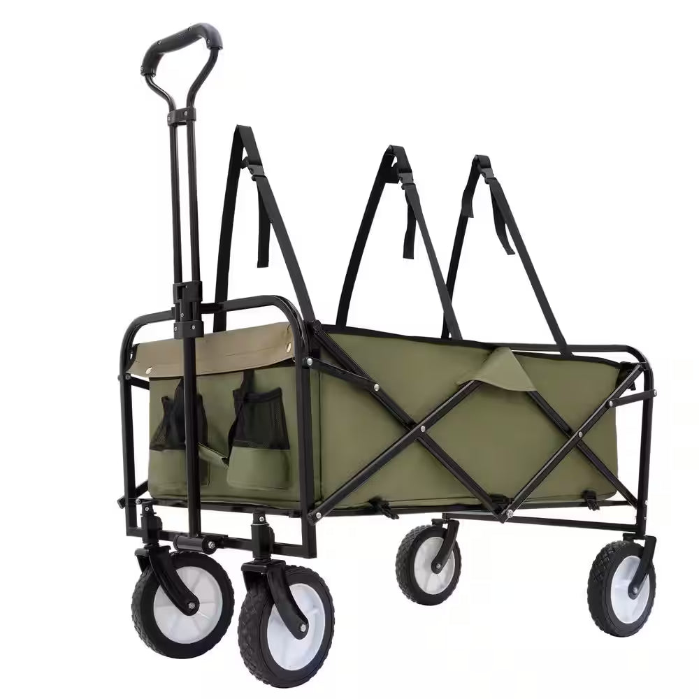 17 Cu. Ft. Army Green Fabric Collapsible Garden Cart, Utility Wagon W/Strap and All-Terrain Wheels for Outdoor Shopping