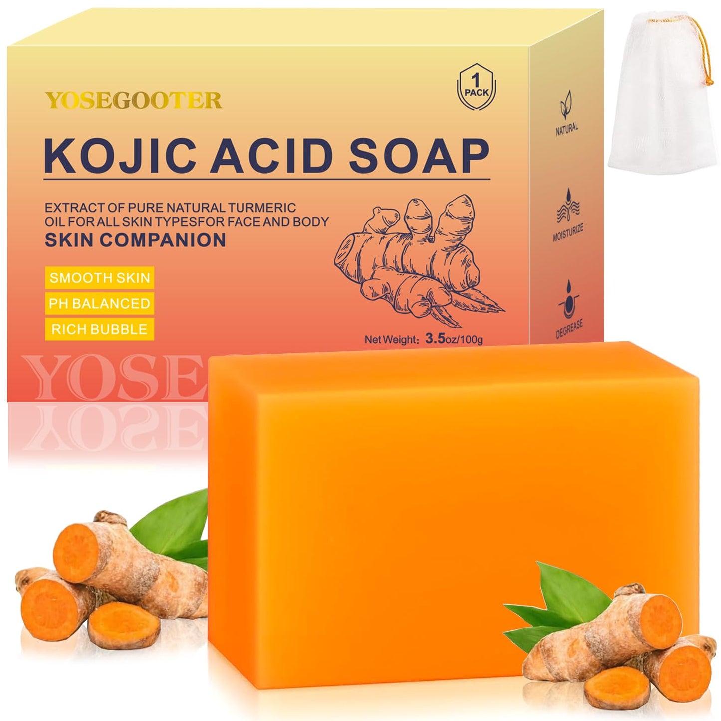 Turmeric Kojic Acid Soap Bars, Face&Body Dark Spots Remover, Turmeric Soap Bar for Dark Spots Brightening & Moisturizing with Collagen, Vitamin E, Retinol, Hyaluronic Acid, Shea Butter 1 Bar
