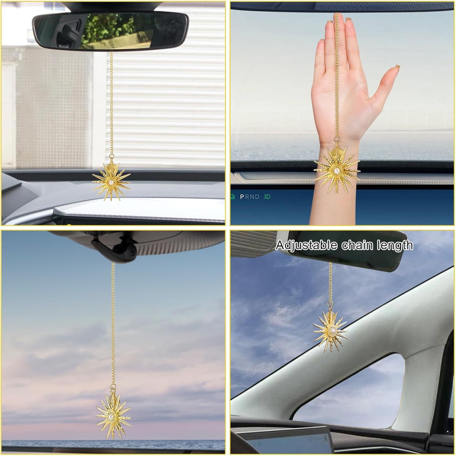 Sun Hanging Rear View Mirror Accessories, Boho Aesthetic Keychain Rearview Mirror Hanging Car Charm Ornament for Women & Men (Gold)