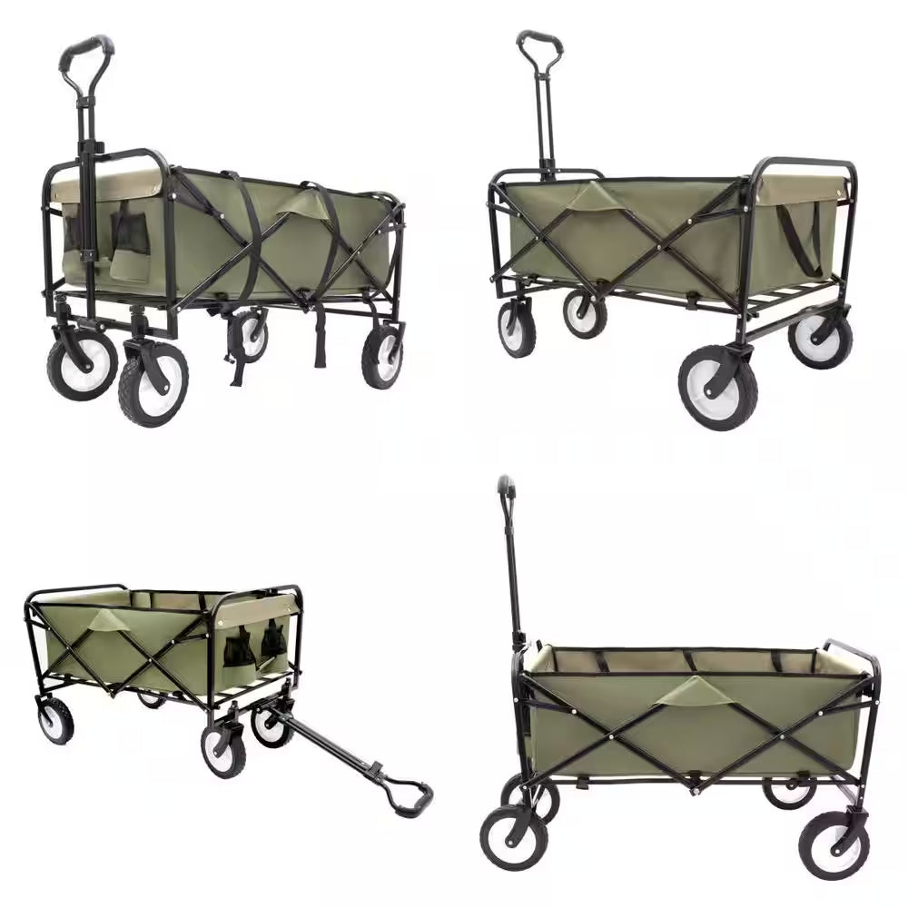 17 Cu. Ft. Army Green Fabric Collapsible Garden Cart, Utility Wagon W/Strap and All-Terrain Wheels for Outdoor Shopping