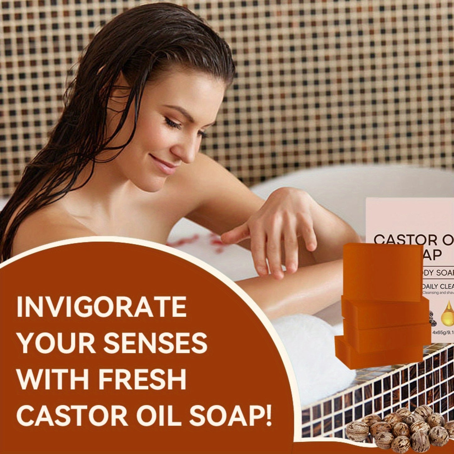 4pcs 2oz Castor Oil Herbal Soap, Bar Soap for Face Body & Hair, Nourishing, Gentle Cleansing for Men and Women