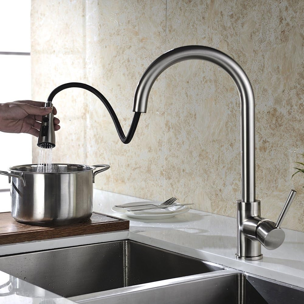 Kitchen Faucet, Brushed Nickel, Single Handle, Pull-Down, 3-Way Spray Setting, Easy Installation, Lead-Free
