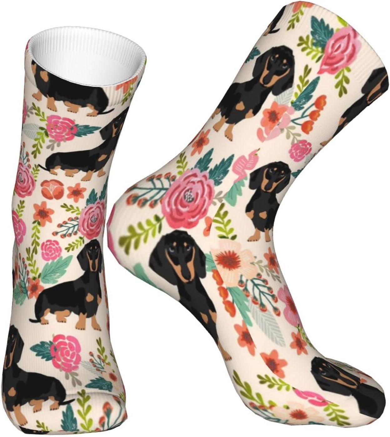 Dachshund Socks for Women,Funny Novelty Crew Crazy Socks Gifts for Men Women Pink Flowers