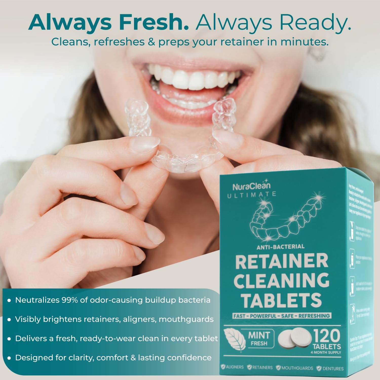 Ultimate Retainer Cleaner Tablets – 120 Count – Dental Pod, Braces, Mouthguard & Denture Cleaning – Fast-Acting, Daily Safe Formula – Freshens & Removes Stains