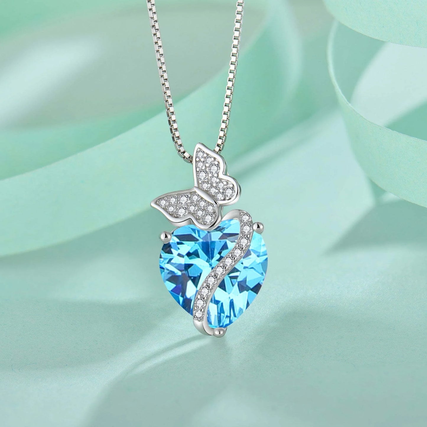 Sterling Silver March Birthstone Heart Necklace Butterfly Pendant Jewelry Gift for Women