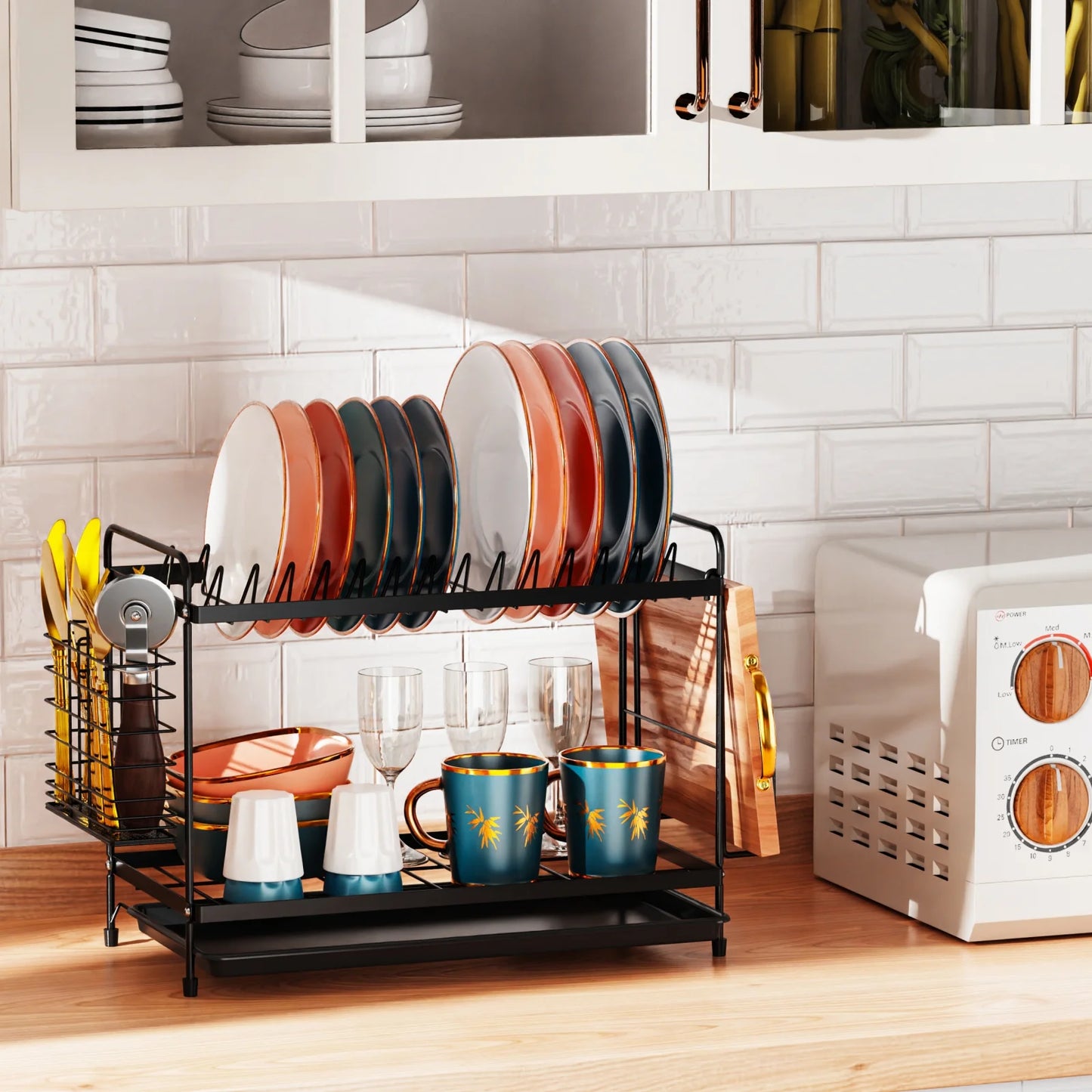 2 Tier Dish Racks Dish Drainers with Water Tray Cutlery Holder for Small Kitchen Households Black, 18.90 X 8.27 X 11.81 Inches