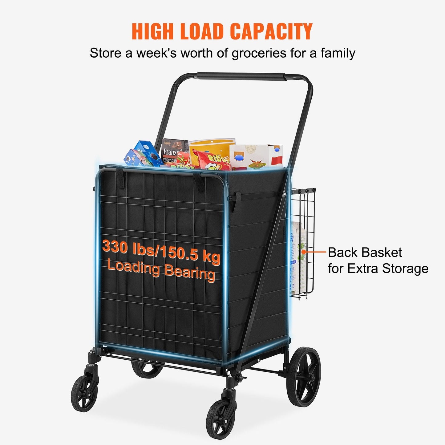 VEVOR Folding Shopping Cart with Removable Waterproof Liner, 330LBS Large Capacity Jumbo Grocery Cart with Dual Basket, 360¡Ã Swivel Wheels, Dense Metal Mesh Base, Heavy Duty Utility Cart for Shopping
