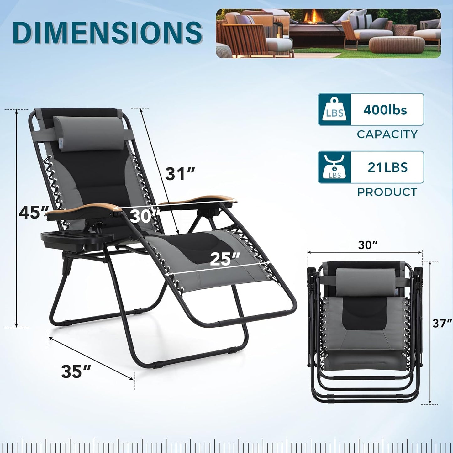 Zero Gravity Chairs, Oversized Patio Recliner Chair, Padded Folding Lawn Chair with Cup Holder Tray, Support 400Lbs, Grey
