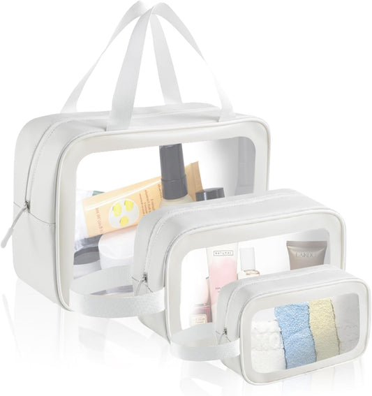 Travel Toiletry Bag for Women Men -Waterproof, Clear, Portable and Cute Makeup Cosmetic Bag Set (3-White)