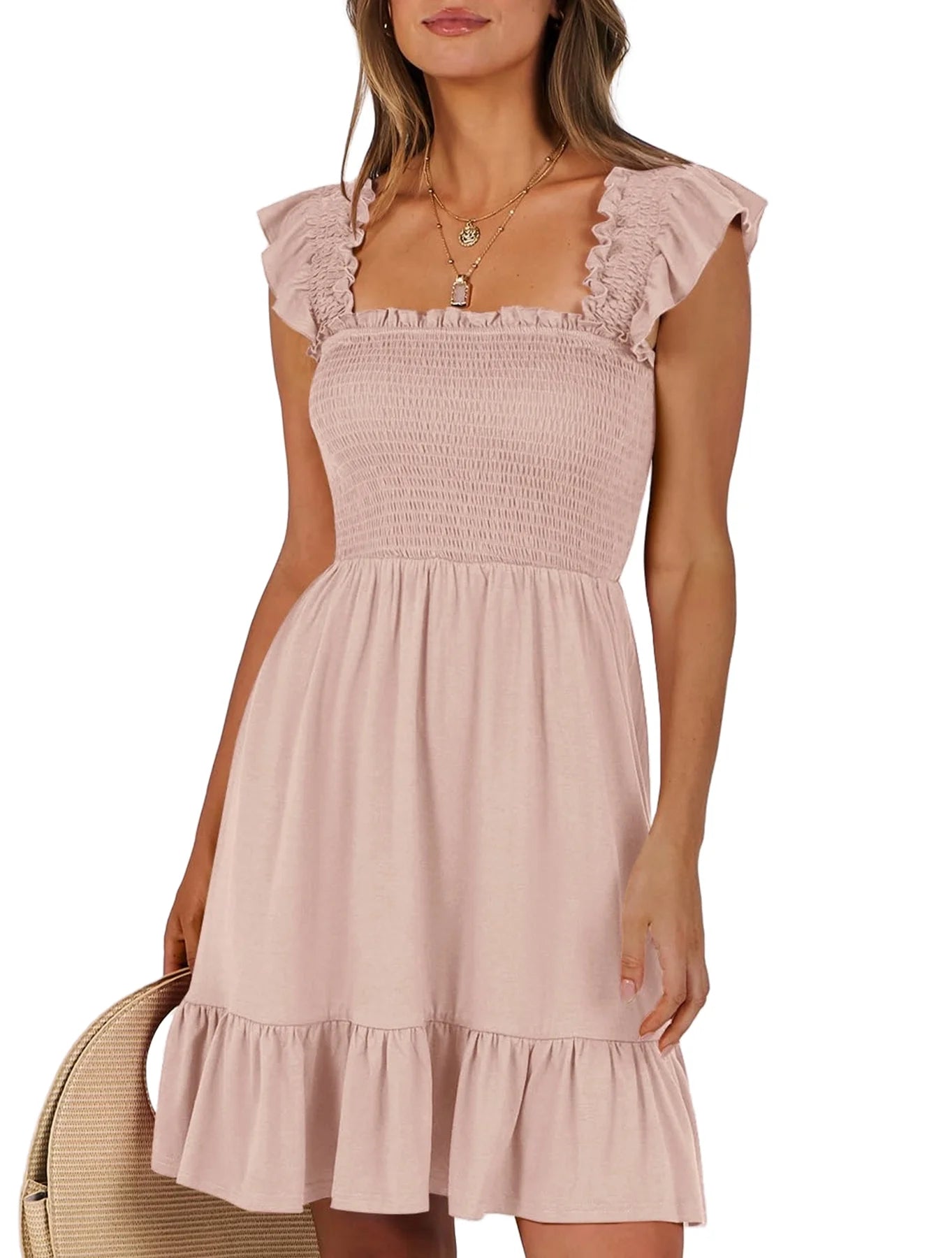 Summer Dresses for Women Casual Sleeveless Square Neck Midi Dress Ruffle Backless Swing Flowy Tiered Dress