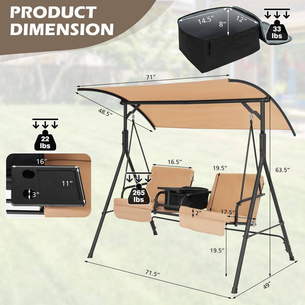 2-Person Metal Patio Swing Chair with Adjustable Canopy, 360° Rotatable Tray, Beige