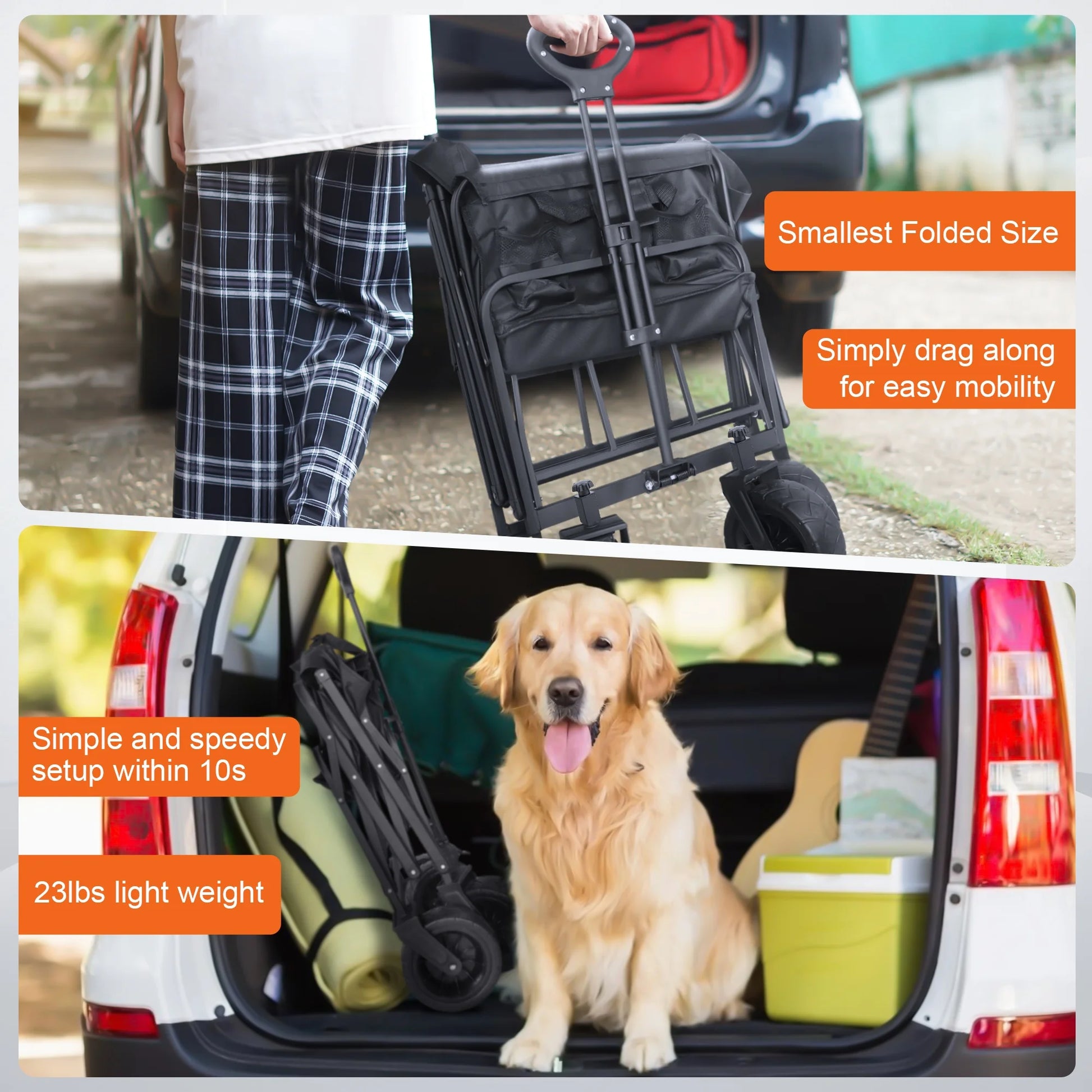 560Lbs Collapsible Folding Wagon, Big Bucket Beach Cart, Heavy Duty Large Capacity Garden Wagon with Multi-Terrain Brake Wheels for Outdoor Camping, Shopping, Sports, Grocery, Kids, Black