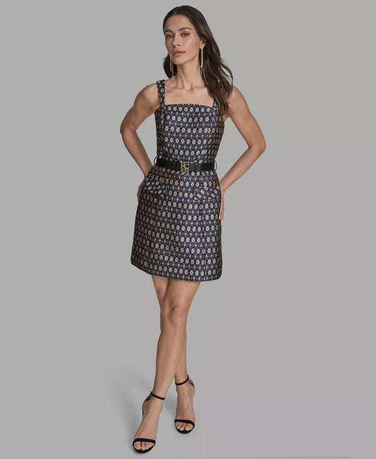 Women'S Belted Metallic Jacquard A-Line Dress