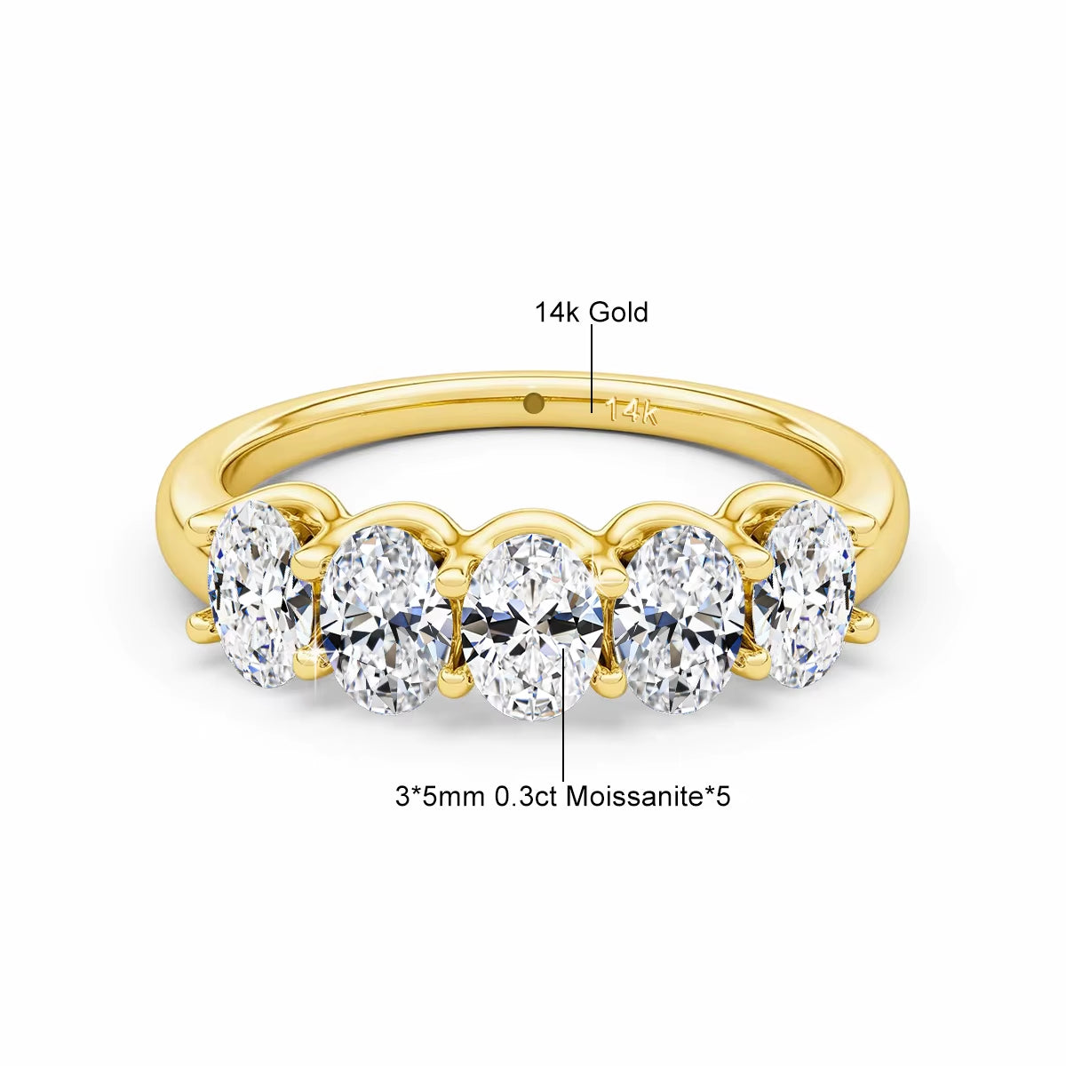 Real 14K Gold Oval Cut Moissanite Rings for Women 5 Stone Lab Diamond Eternity Wedding Band Bride Luxury Engagement Jewelry