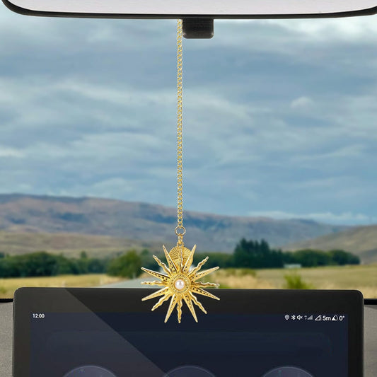 Sun Hanging Rear View Mirror Accessories, Boho Aesthetic Keychain Rearview Mirror Hanging Car Charm Ornament for Women & Men (Gold)