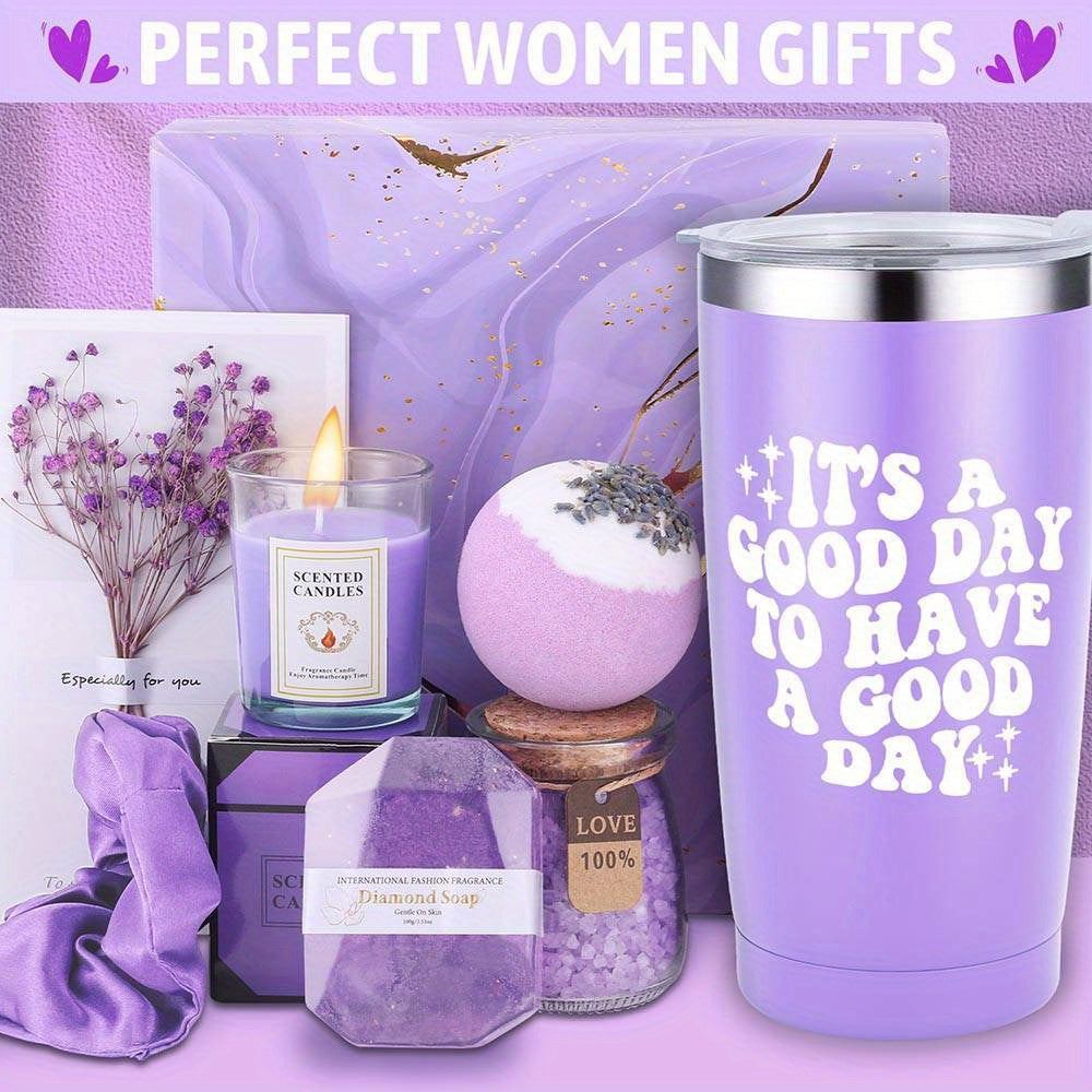Lavender Bliss 8pcs Gift Set: Insulated Tumbler, Greeting Card, Hair Tie, Scented Candle, Bath Salts, Bath Bomb, Soap Bar - Alcohol-Free for All Skin Types