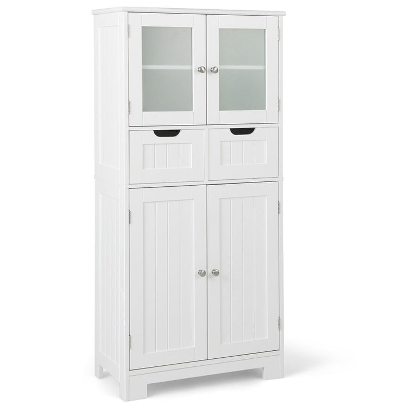 4 Door Freestanding Bathroom Floor Storage Cabinet with 2 Drawers and Glass Doors