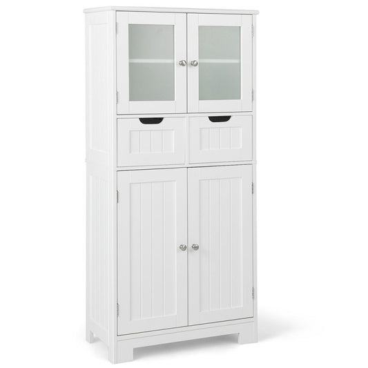 4 Door Freestanding Bathroom Floor Storage Cabinet with 2 Drawers and Glass Doors