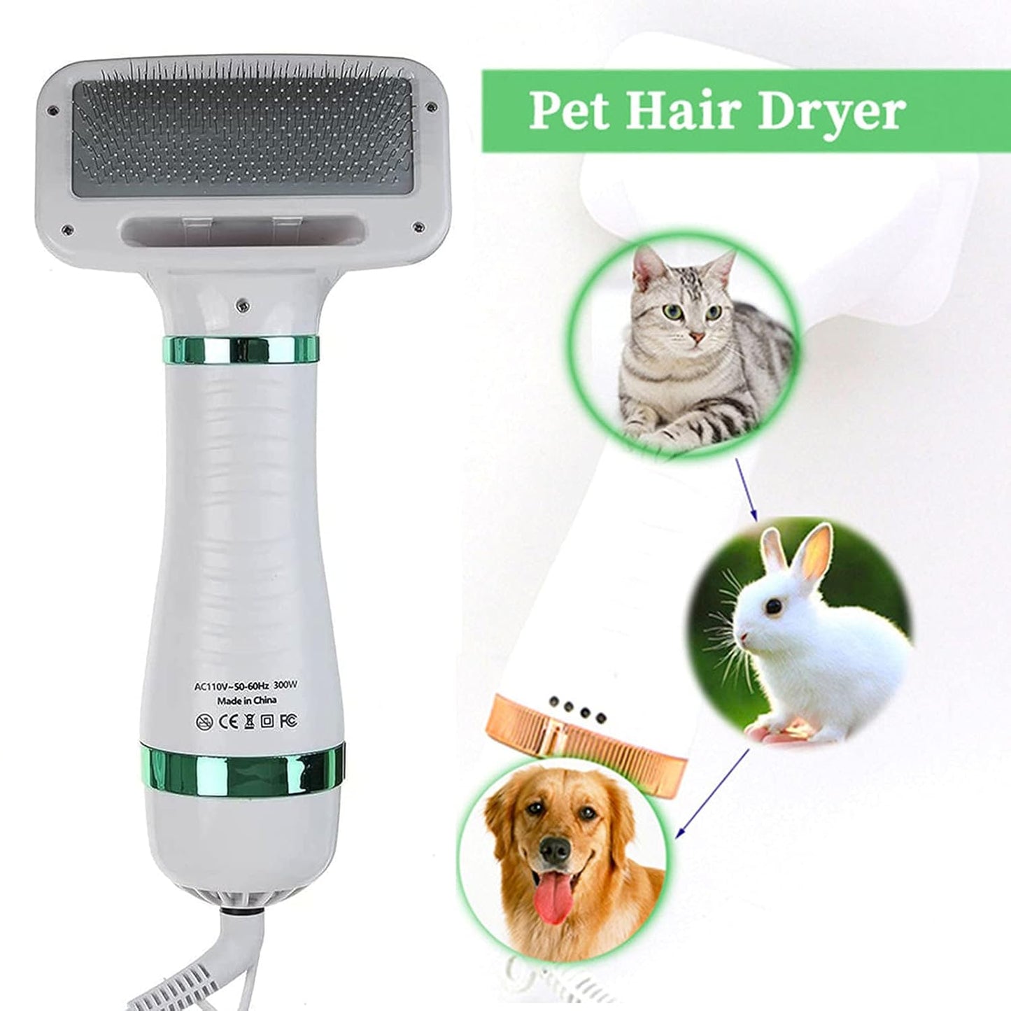 Pet Hair Dryer Portable 2 in 1 Upgraded Professional Quiet Dog Cat Hair Furry Blower, Home Pet Grooming Dog Hair Comb 3 Heat Settings Pet Brush for Small Medium Large Dog Kitten (Green)