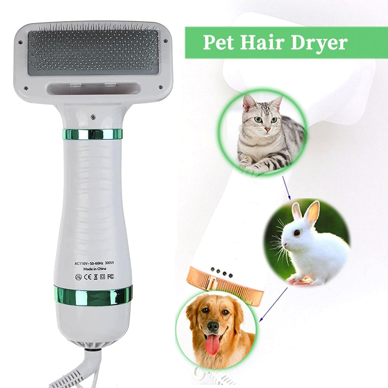 Pet Hair Dryer Portable 2 in 1 Upgraded Professional Quiet Dog Cat Hair Furry Blower, Home Pet Grooming Dog Hair Comb 3 Heat Settings Pet Brush for Small Medium Large Dog Kitten (Green)