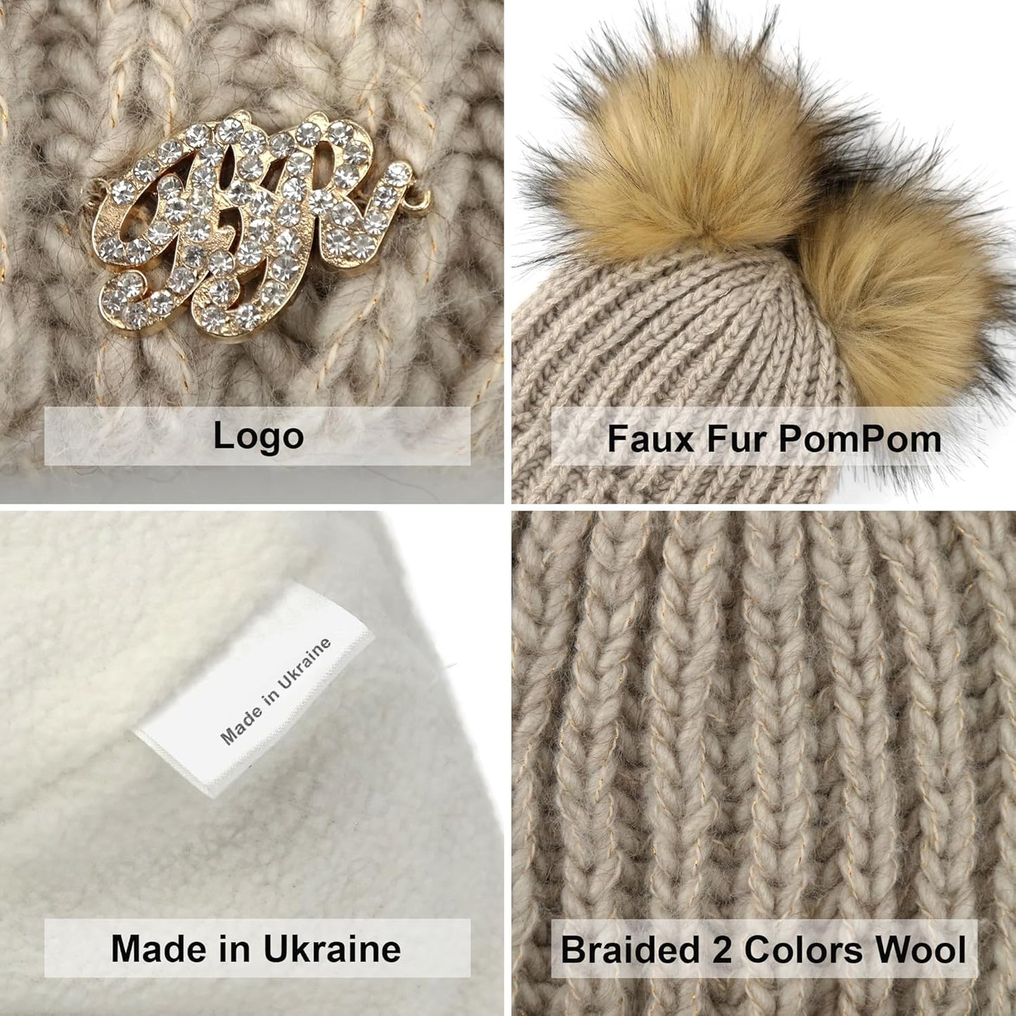 Beanie for Women - 2 Pom Cable Knit Winter Warm Fleece Hat - Wool Snow Cuff Ski Cap